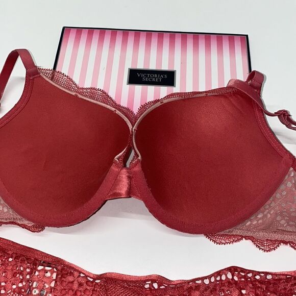 🔥VICTORIA SECRET BRA Very Sexy Set 2pc PUSH-UP SZ32D /M open back cheeky pink - Picture 9 of 10